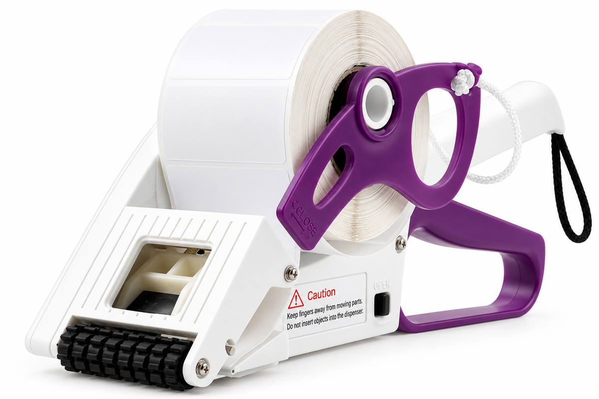 Manual label applicator with blank white label roll